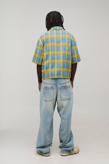 Boxy Jewel Rhinestone Half Sleeve Check Shirt - Image 2