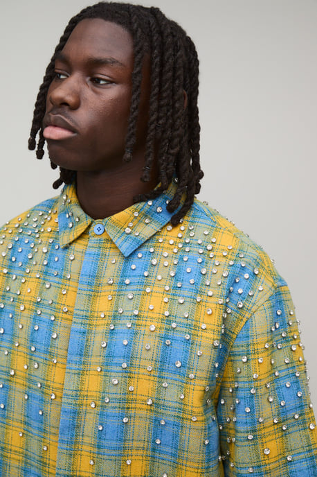 Boxy Jewel Rhinestone Half Sleeve Check Shirt - Image 3