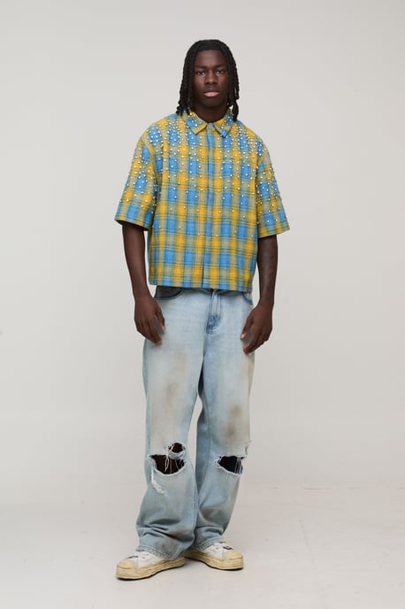 Boxy Jewel Rhinestone Half Sleeve Check Shirt - Image 4