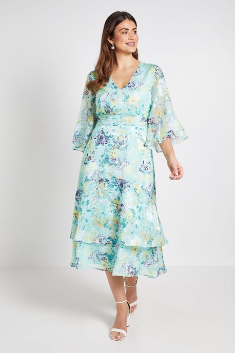Floral Burn Out Flared Sleeve Midi Dress - Image 1