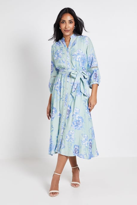 Petite Floral Lace Insert Collarless Shirt Dress - Image 1