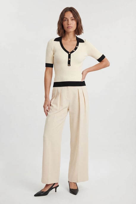 Petite Knit Rib With Contrast Hem Detail Collared Short Sleeve Top - Image 1