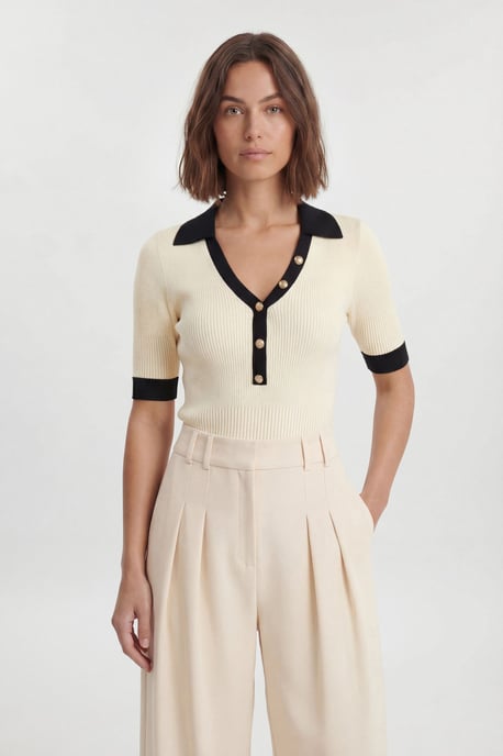 Petite Knit Rib With Contrast Hem Detail Collared Short Sleeve Top - Image 3