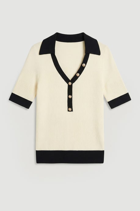Petite Knit Rib With Contrast Hem Detail Collared Short Sleeve Top - Image 4