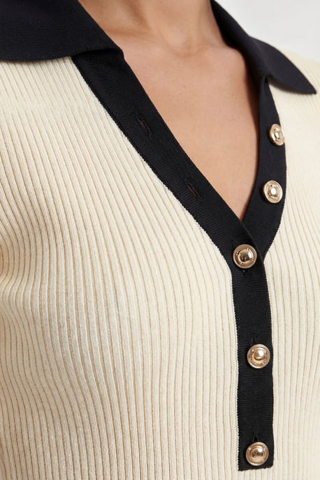 Petite Knit Rib With Contrast Hem Detail Collared Short Sleeve Top - Image 5