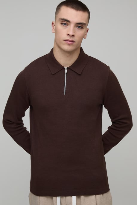 Muscle Fit Soft Touch Long Sleeve 1/4 Zip Knitted Polo - Image 1
