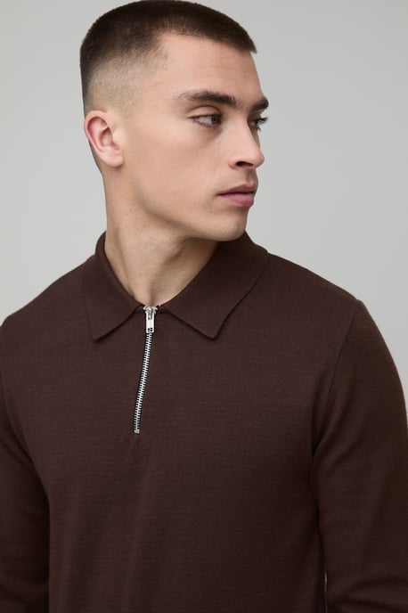 Muscle Fit Soft Touch Long Sleeve 1/4 Zip Knitted Polo - Image 3