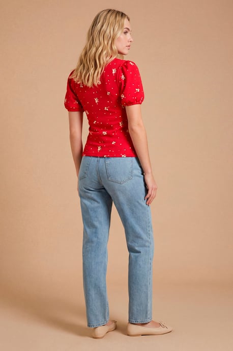 Red Ditsy Keyhole Neck With Puff Sleeve Blouse - Image 3
