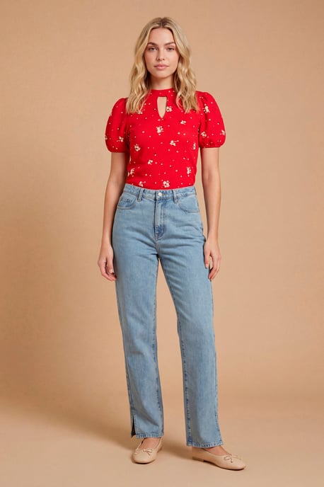 Red Ditsy Keyhole Neck With Puff Sleeve Blouse - Image 4