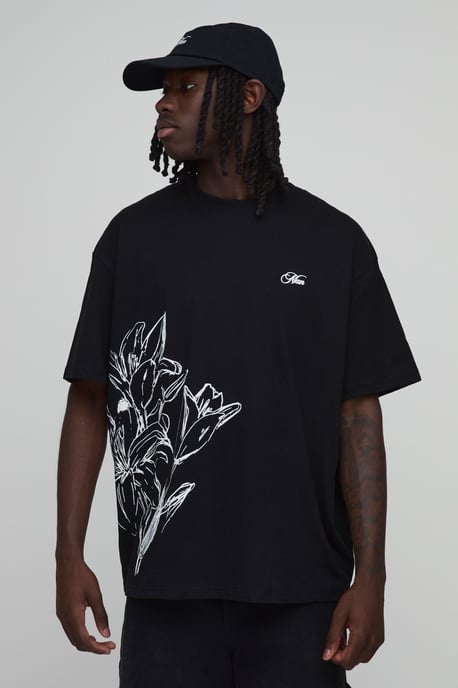 Black Oversized Floral Line Drawn Print T-Shirt - Image 1