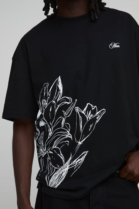 Black Oversized Floral Line Drawn Print T-Shirt - Image 3