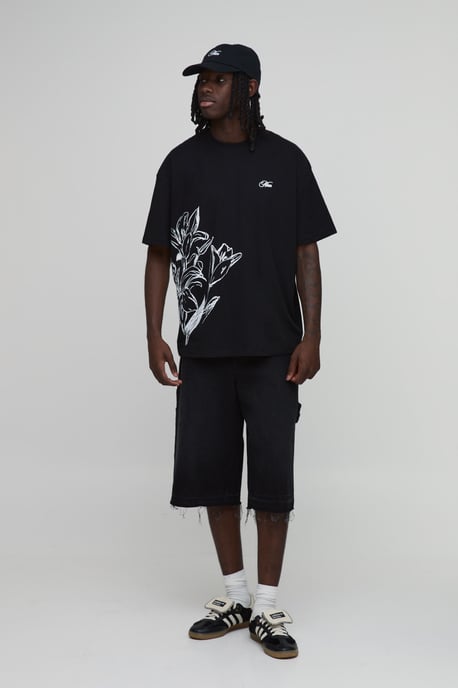 Black Oversized Floral Line Drawn Print T-Shirt - Image 4