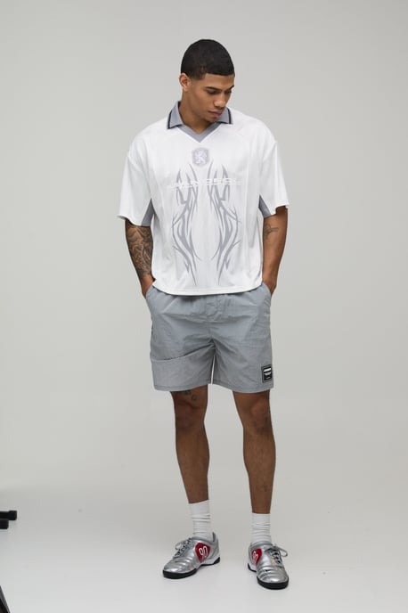 Oversized Grunge Varsity Applique Mesh V Neck Football Top - Image 4