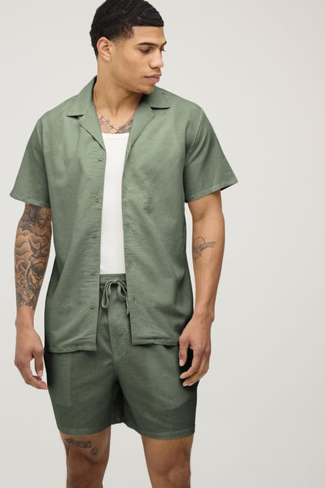 Linen Blend Regular Fit Shirt & Short Set - Image 1