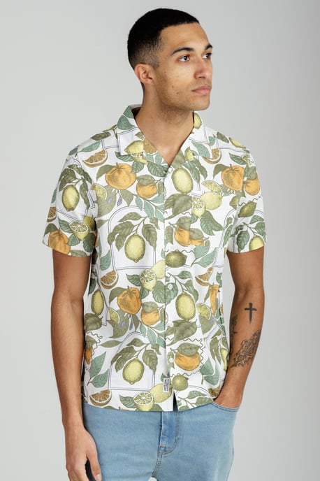 White Cotton Poplin Button-Up Shirt With Citrus Fruit Print - Image 1