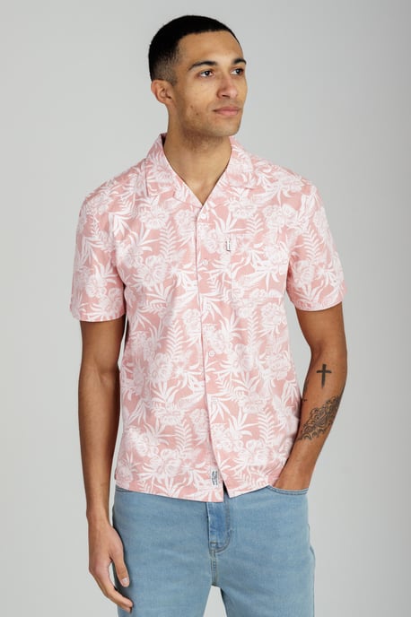 Coral Cotton Short Sleeve Button-Up Tropical Print Shirt - Image 1