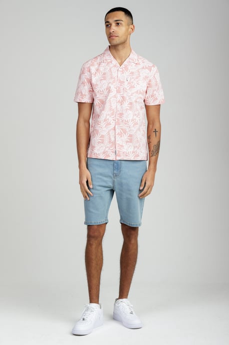 Coral Cotton Short Sleeve Button-Up Tropical Print Shirt - Image 3