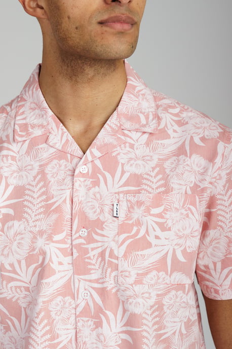 Coral Cotton Short Sleeve Button-Up Tropical Print Shirt - Image 4