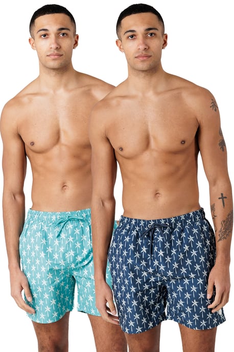 Teal 2-Pack Palm Tree And Logo Print Swim Shorts With Drawstring Waist - Image 1