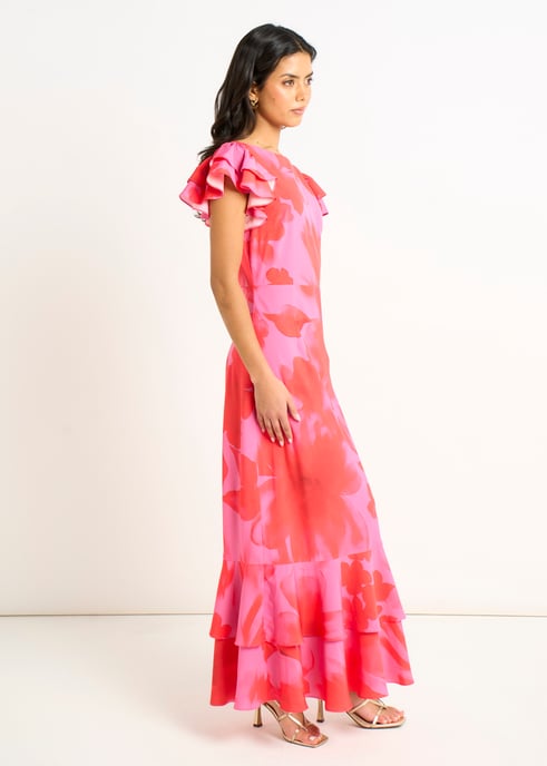 Rosa midilång klänning med volanger och blommönster i akvarellstil - Image 3