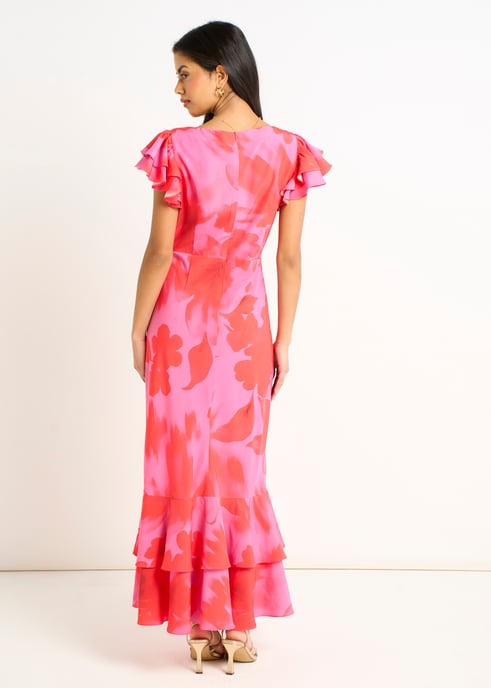 Rosa midilång klänning med volanger och blommönster i akvarellstil - Image 4