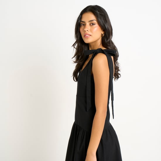 Zwarte midi-jurk van linnenmix met verlaagde taille - Image 3