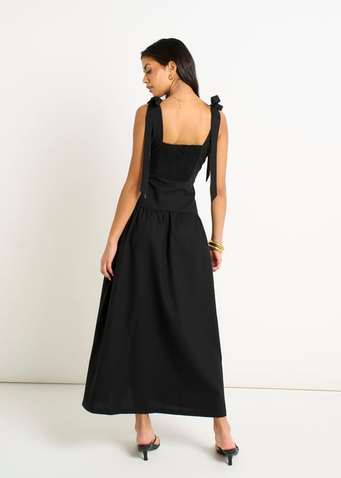 Zwarte midi-jurk van linnenmix met verlaagde taille - Image 4