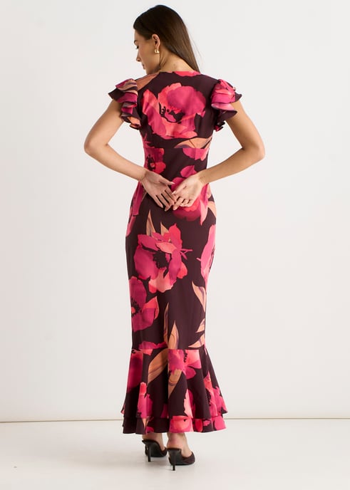 Bruine maxi-jurk met bloemenprint en gerimpelde mouwen - Image 4