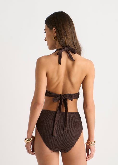 Brun, strukturerad bikinitopp med halterneck och ringdetaljer - Image 4