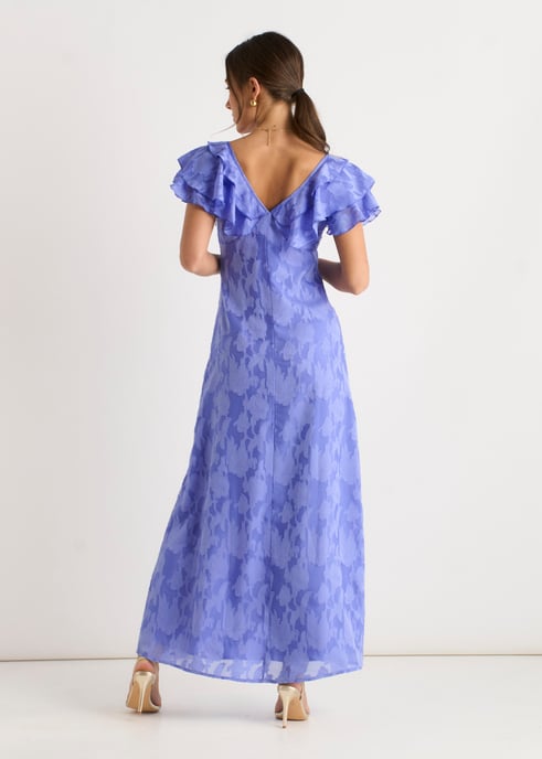 Maxiklänning i blå satin med jacquardmönster och volanger - Image 4