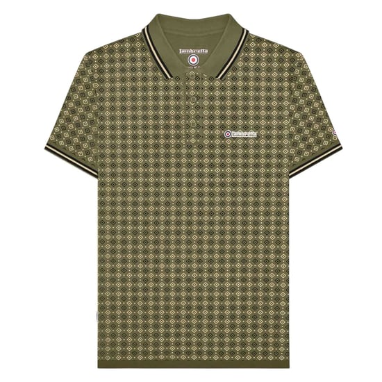 Lambretta Mens SS25 Geometric Polo Shirt (Khaki Green) - Image 1