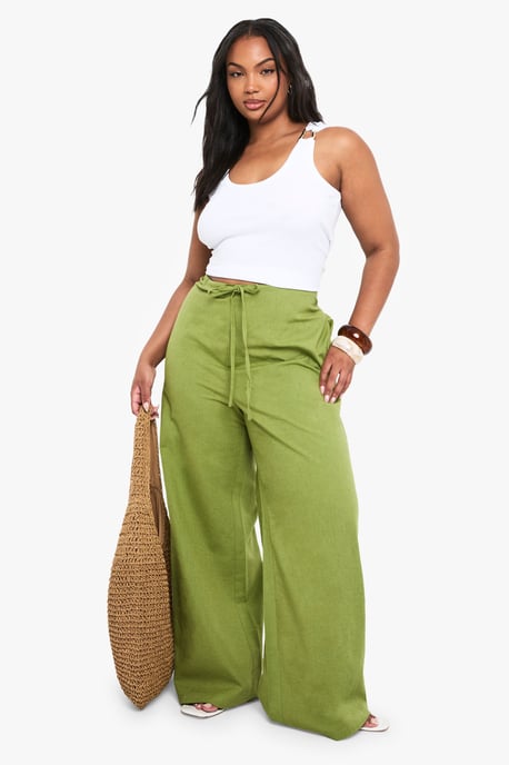 Plus Linen Drawstring Wide Leg Trouser - Image 1
