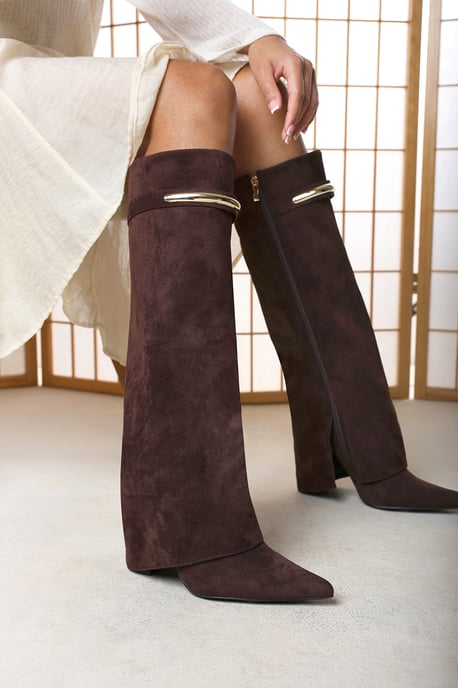 Wheres That From Womens Nareva Fold Over Shark Block Heel Point Toe Boots With Trim Detail - Image 1