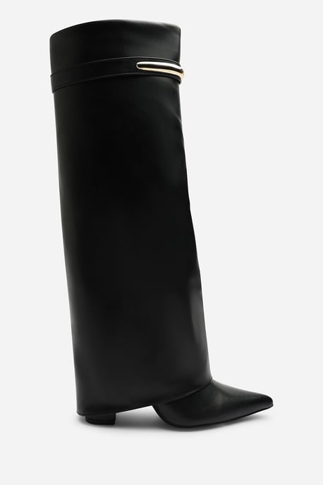 Wheres That From Womens Nareva Fold Over Shark Block Heel Point Toe Boots With Trim Detail - Image 3