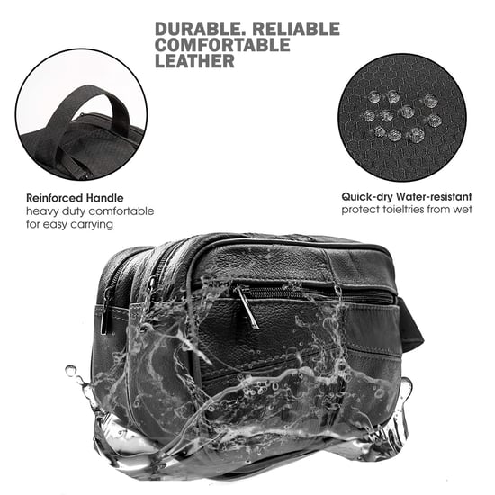 Genuine Leather Mens Wash Bag Travel Organizer Toiletry Bag in Black - Image 4