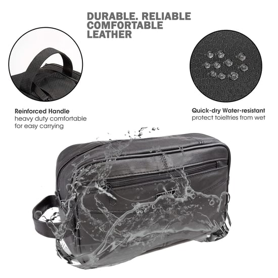 Men's Genuine Leather Toiletry Bag Travel Shaving Wash Bag in Black - Image 5