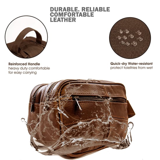 Genuine Leather Mens Wash Bag Travel Organizer Toiletry Bag in Brown - Image 3