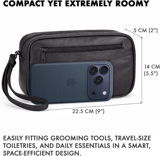 Men's Leather Wash Bag, Compact Travel Toiletry Bag - Image 4