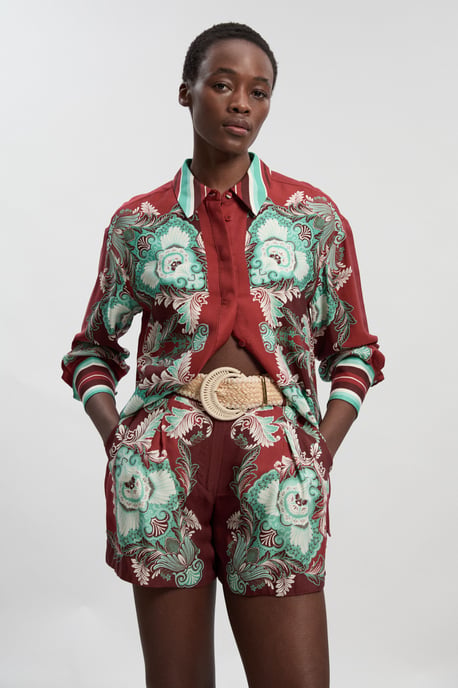 Mirrored Viscose Linen Print With Raffia Belt Woven City Short - Image 1