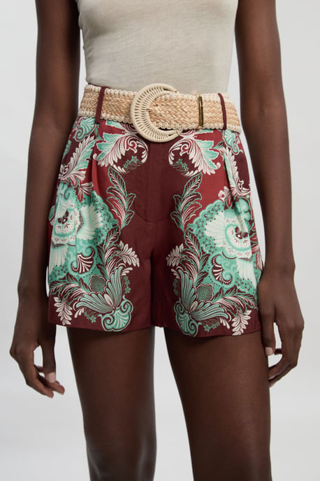Mirrored Viscose Linen Print With Raffia Belt Woven City Short - Image 2
