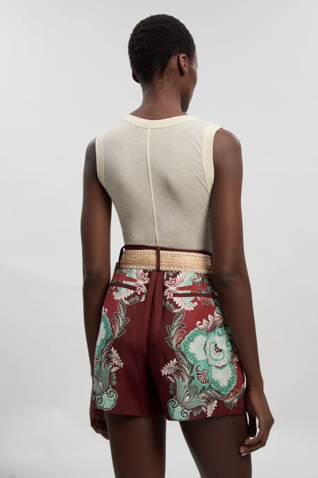 Mirrored Viscose Linen Print With Raffia Belt Woven City Short - Image 4