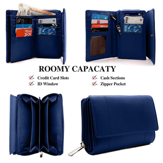 Women's Genuine Leather Purse RFID Blocking Wallet In Navy - Image 3