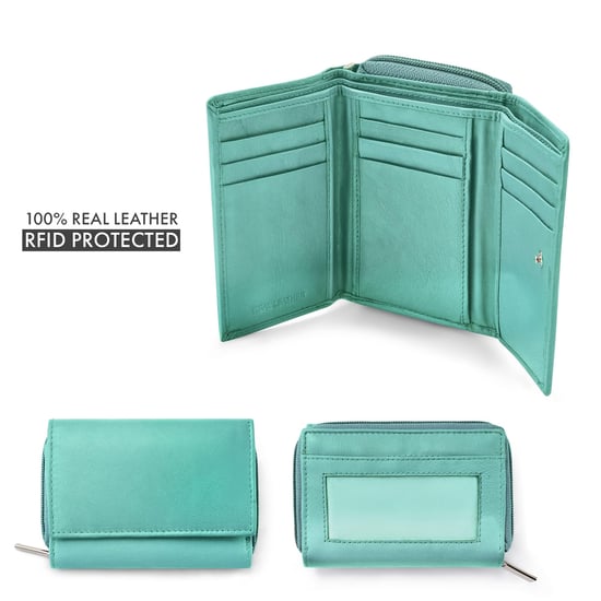 Women’s Genuine Leather RFID Wallet with Card & Coin Pocket in Turquoise - Image 4