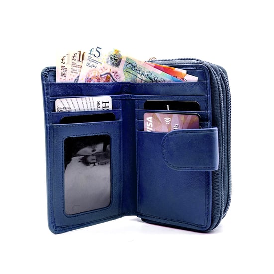 Women's Genuine Leather Purse with two Zipper Pocket in Navy - Image 5