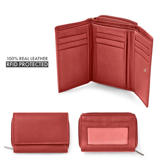 Women’s Genuine Leather RFID Wallet with Card & Coin Pocket in Red - Image 4
