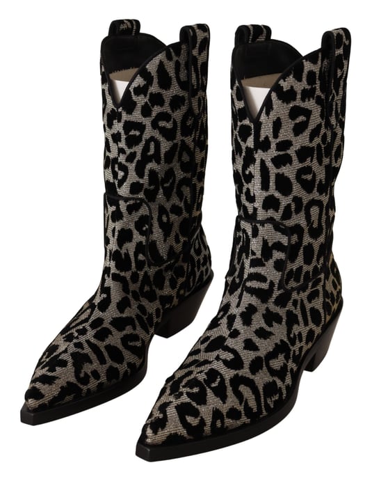 Dolce & Gabbana Gray Black Leopard Cowboy Boots Shoes - Image 3
