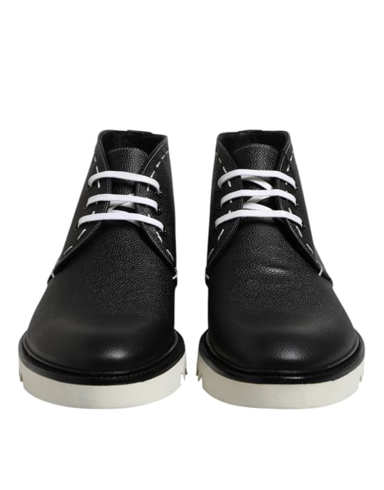 Dolce & Gabbana Black White Leather Ankle Boots Shoes - Image 2