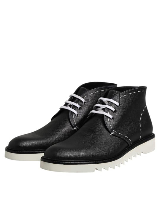 Dolce & Gabbana Black White Leather Ankle Boots Shoes - Image 4