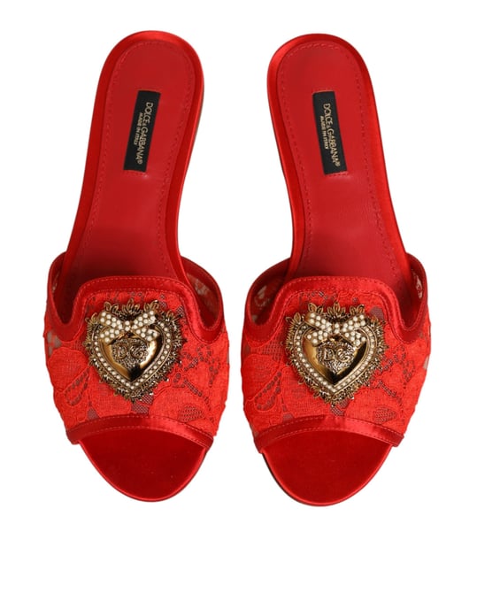Dolce & Gabbana Röd Hängivenhet Spetsbäckar Sandaler Slip-On Skor - Image 4