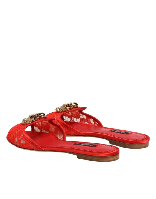 Dolce & Gabbana Röd Hängivenhet Spetsbäckar Sandaler Slip-On Skor - Image 6
